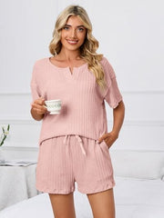 Notched Short Sleeve and Shorts Lounge Set - Trendsi