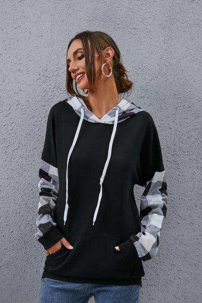 Plaid Drawstring Dropped Shoulder Hoodie - Trendsi - Flyclothing LLC