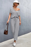 V-Neck Short Sleeve T-Shirt and Drawstring Waist Pants Set - Trendsi