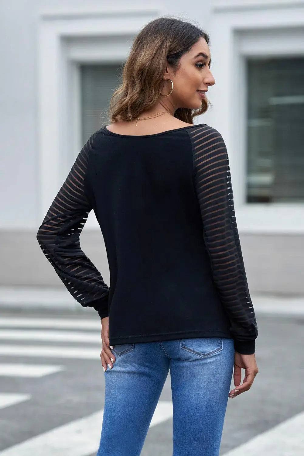 Sheer Striped V-Neck Top - Trendsi - Flyclothing LLC