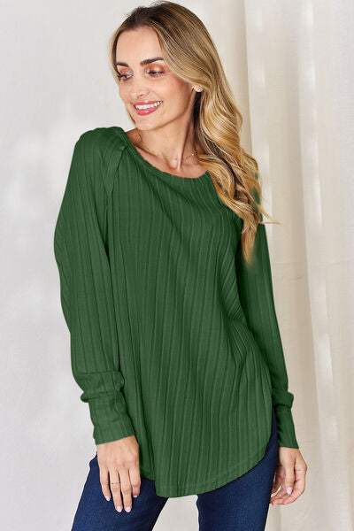 Basic Bae Full Size Ribbed Round Neck Slit T-Shirt - Trendsi - Flyclothing LLC