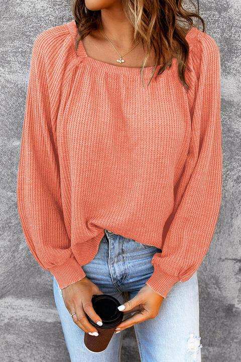 Square Neck Waffle-Knit Top - Trendsi - Flyclothing LLC