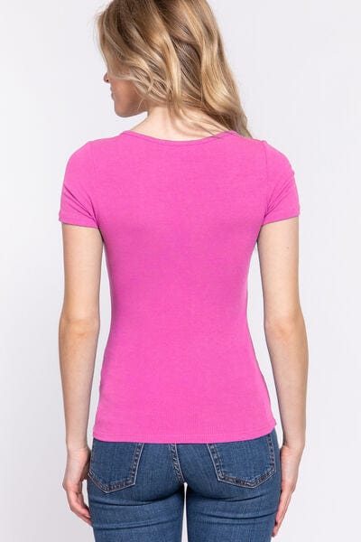 ACTIVE BASIC Lace Up Short Sleeve Rib Knit T-Shirt - Trendsi
