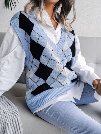 Plaid V-Neck Sweater Vest - Trendsi