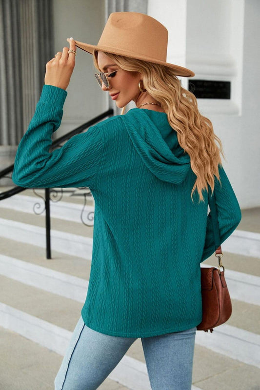 Cable-Knit Long Sleeve Hoodie - Trendsi