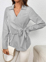 Bow Tie Waist Johnny Collar Neck Striped Blouse - Trendsi - Flyclothing LLC