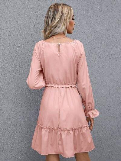 Frill V-Neck Flounce Sleeve Ruffle Hem Dress - Trendsi - Flyclothing LLC