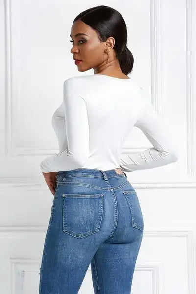 Half Zip Scoop Neck Long Sleeve Bodysuit - Trendsi - Flyclothing LLC