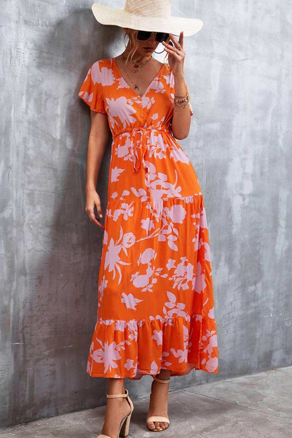 Floral Buttoned Drawstring Waist Tiered Dress - Trendsi - Flyclothing LLC