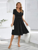 Smocked Tie Front Short Sleeve Tiered Dress - Trendsi - Flyclothing LLC