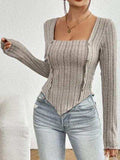 Ribbed Decorative Button Long Sleeve T-Shirt - Trendsi - Flyclothing LLC