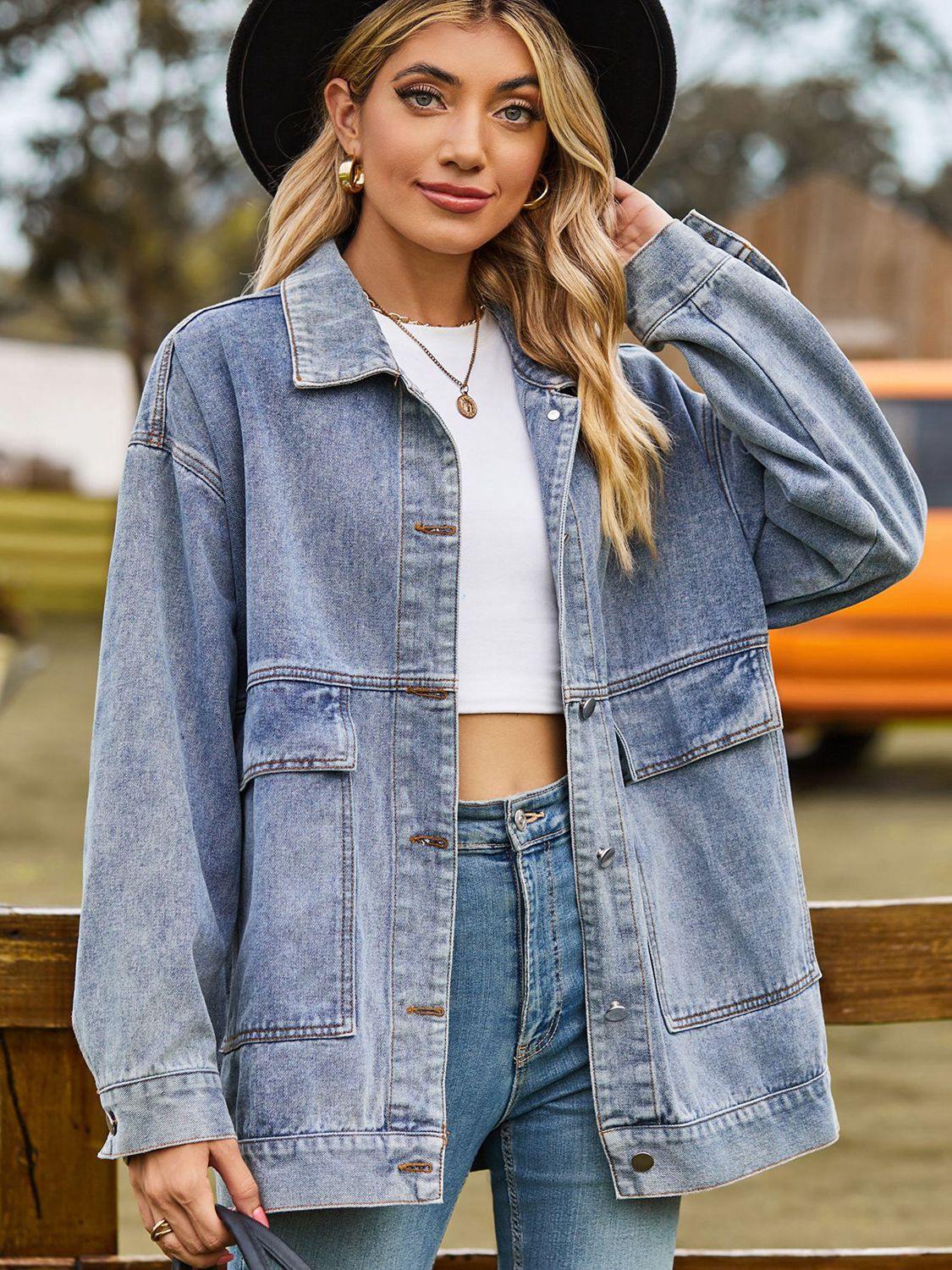 Trendsi Dropped Shoulder Denim Jacket with Pockets Light / 2XL