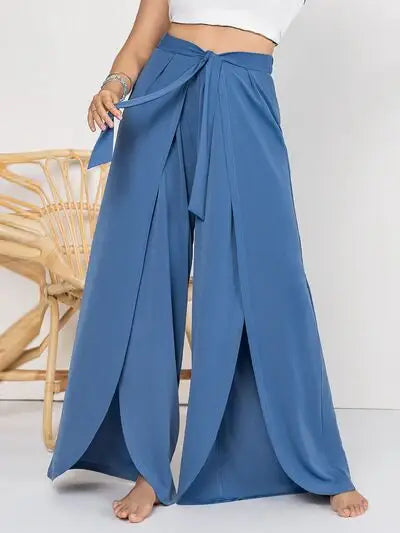 Plus Size Tied Slit Wide Leg Pants - Trendsi - Flyclothing LLC