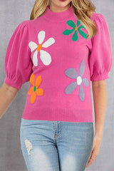 Flower Mock Neck Short Sleeve Sweater - Trendsi - Flyclothing LLC