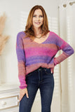 Double Take Multicolored Rib-Knit V-Neck Knit Pullover - Trendsi