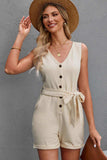Button Front Belted Sleeveless Romper - Trendsi - Flyclothing LLC