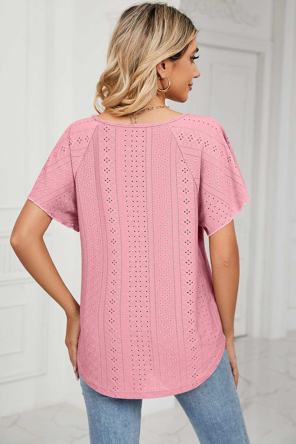 Eyelet Tie Neck Flutter Sleeve Blouse - Trendsi - Flyclothing LLC