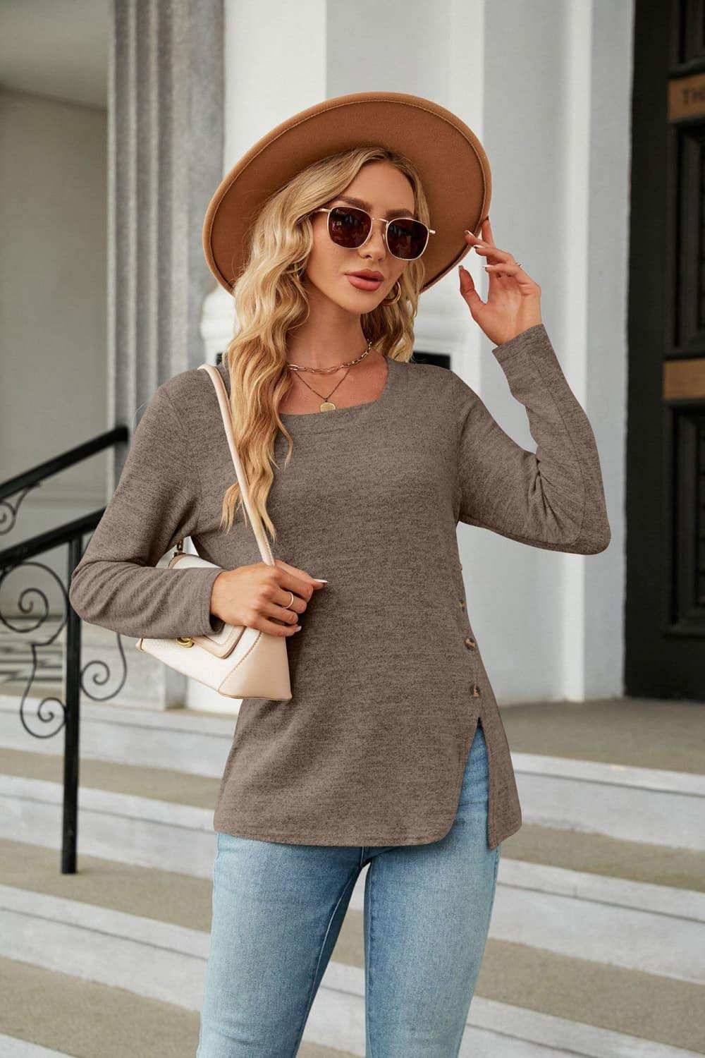 Square Neck Long Sleeve Slit T-Shirt - Trendsi - Flyclothing LLC