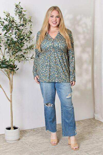Heimish Full Size Floral Half Button Long Sleeve Blouse - Trendsi - Flyclothing LLC