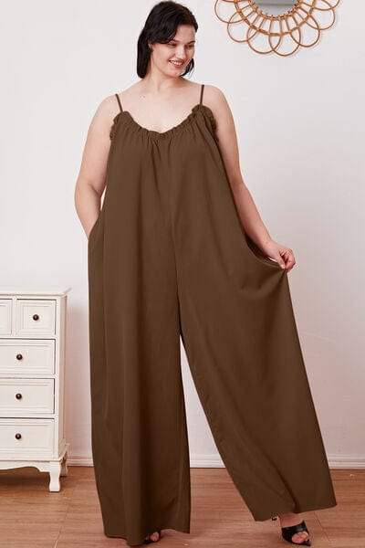 Full Size Ruffle Trim Tie Back Cami Jumpsuit with Pockets - Trendsi - Flyclothing LLC
