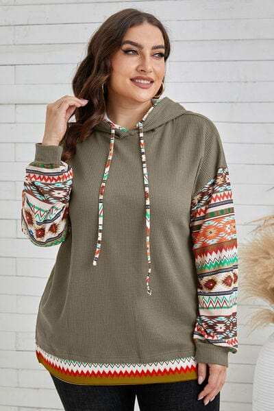 Plus Size Waffle-Knit Geometric Dropped Shoulder Hoodie - Trendsi - Flyclothing LLC