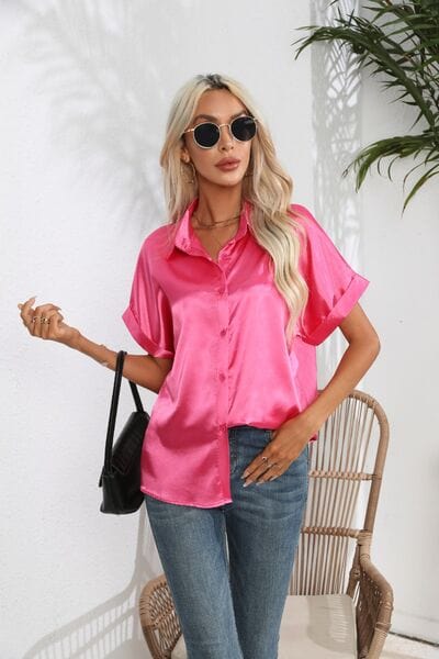 Collared Neck Short Sleeve Shirt - Trendsi