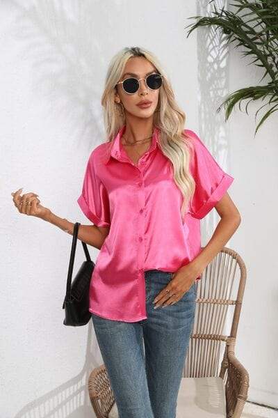 Collared Neck Short Sleeve Shirt - Trendsi - Flyclothing LLC