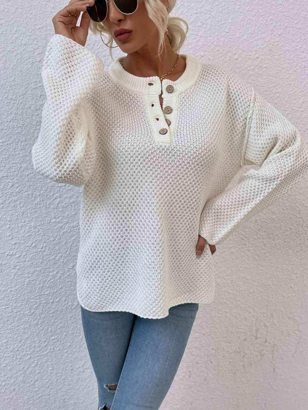 Quarter-Button Slit Sweater - Trendsi - Flyclothing LLC