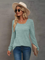 Heathered Square Neck Long Sleeve T-Shirt - Trendsi - Flyclothing LLC