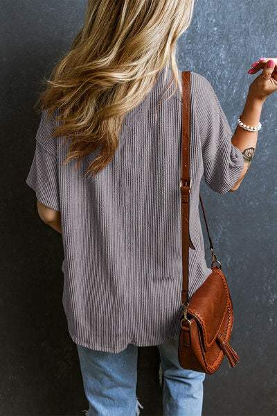 Textured V-Neck Dropped Shoulder T-Shirt - Trendsi - Flyclothing LLC