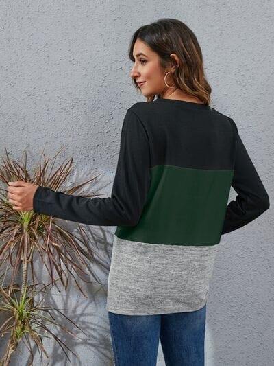 Color Block Round Neck Long Sleeve T-Shirt - Trendsi