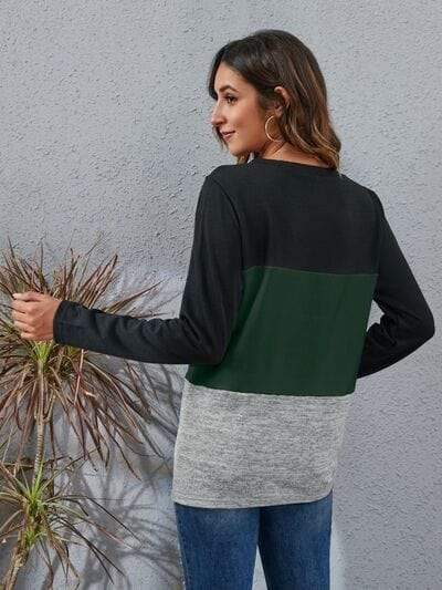 Color Block Round Neck Long Sleeve T-Shirt - Trendsi - Flyclothing LLC