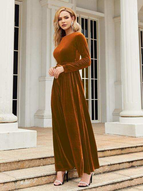 Tie Front Round Neck Long Sleeve Maxi Dress - Trendsi - Flyclothing LLC