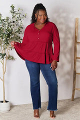 Double Take Half Button Long Sleeve Ruffle Hem Blouse - Trendsi - Flyclothing LLC