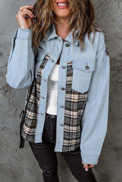 Plaid Pocketed Button Up Denim Jacket - Trendsi - Flyclothing LLC