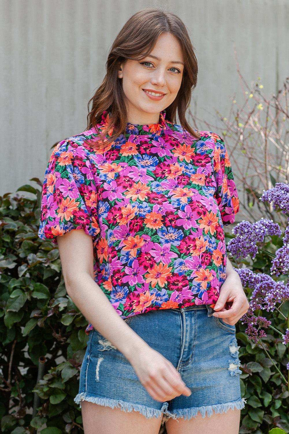 Floral Print Puff Sleeve Round Neck Blouse - Trendsi - Flyclothing LLC