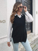Frayed Hem Slit Sweater Vest - Trendsi - Flyclothing LLC