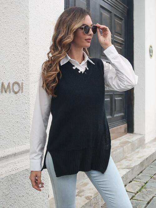 Frayed Hem Slit Sweater Vest - Trendsi - Flyclothing LLC