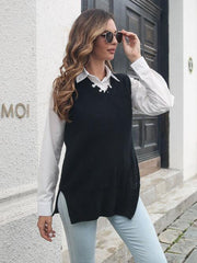 Frayed Hem Slit Sweater Vest - Trendsi