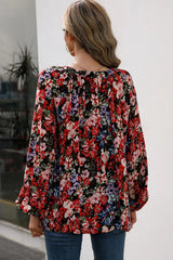 Floral Print Balloon Sleeve Ruched Blouse - Trendsi - Flyclothing LLC