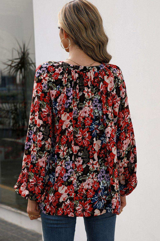 Floral Print Balloon Sleeve Ruched Blouse - Trendsi - Flyclothing LLC