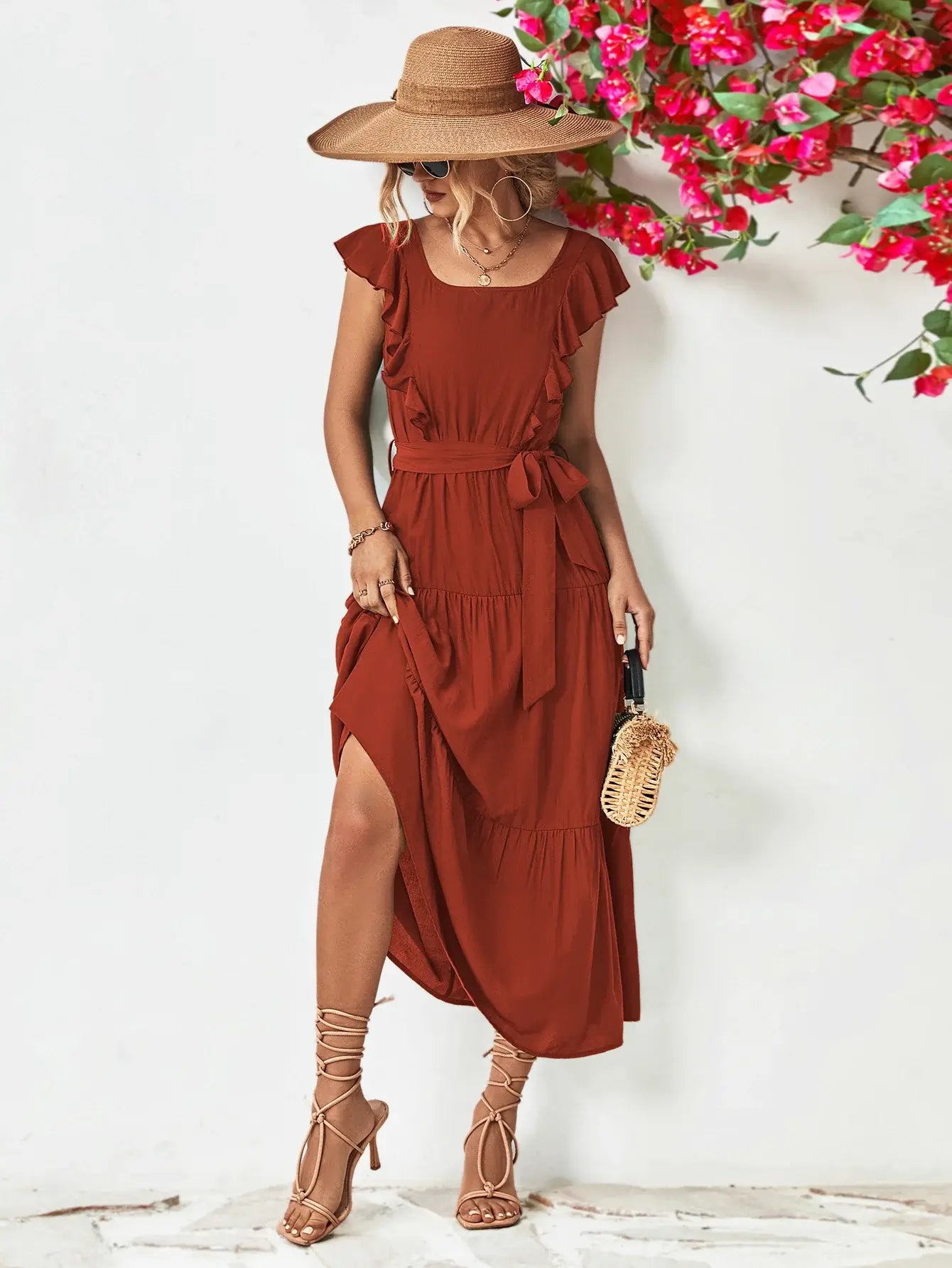 Tie Belt Ruffled Tiered Dress - Trendsi - Flyclothing LLC