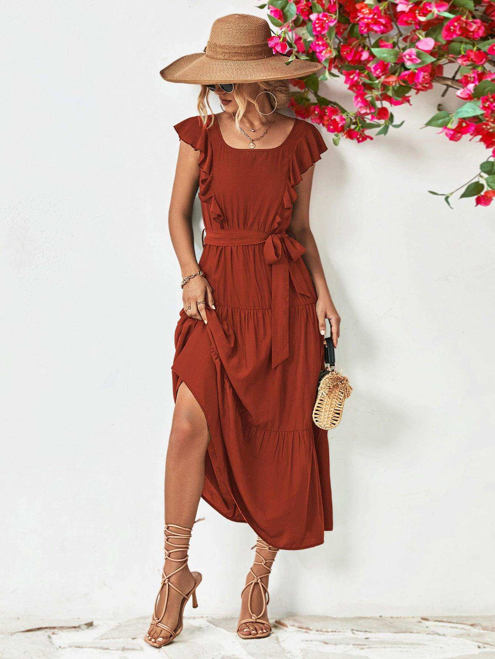 Tie Belt Ruffled Tiered Dress - Trendsi - Flyclothing LLC