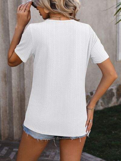 Decorative Button Round Neck Short Sleeve Blouse - Trendsi - Flyclothing LLC