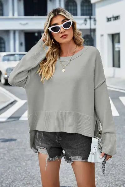 High-Low Slit Round Neck Long Sleeve Sweater - Trendsi - Flyclothing LLC