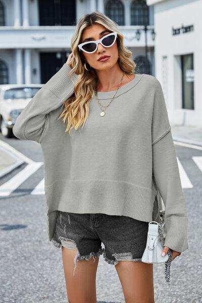 High-Low Slit Round Neck Long Sleeve Sweater - Trendsi - Flyclothing LLC
