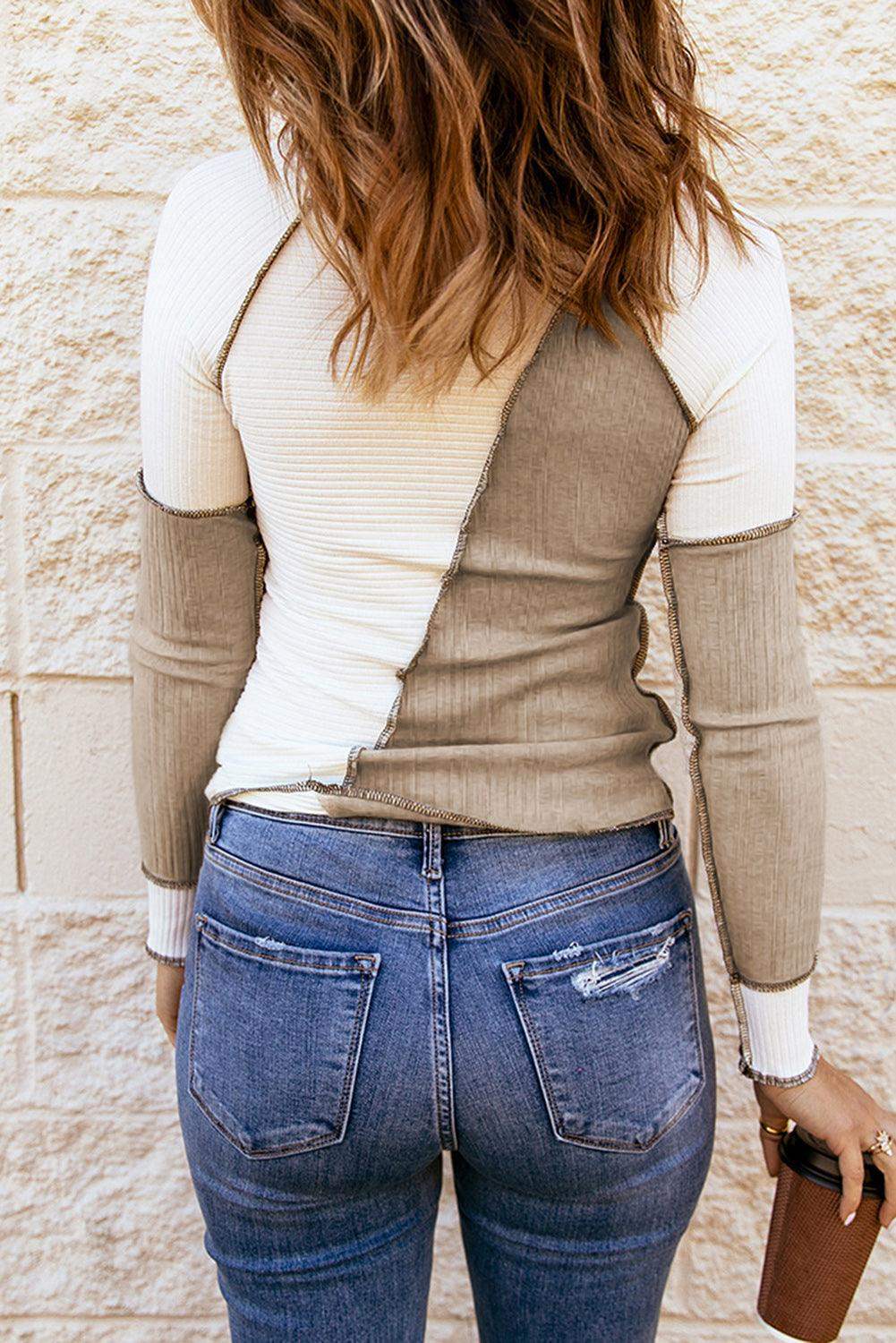 Color Block Exposed Seam Knit Top - Trendsi - Flyclothing LLC