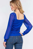 ACTIVE BASIC Square Neck Mesh Long Sleeve Shirring Top - Trendsi - Flyclothing LLC