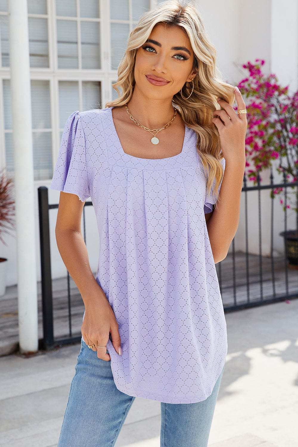 Eyelet Square Neck Flutter Sleeve Blouse - Trendsi - Flyclothing LLC