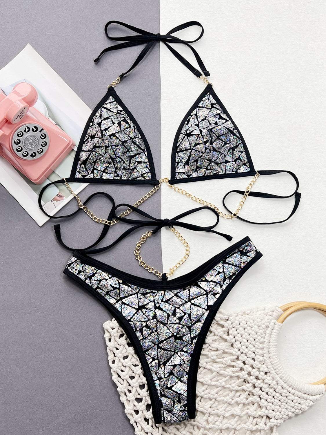 Sequin Halter Neck Two-Piece Bikini Set - Trendsi - Flyclothing LLC